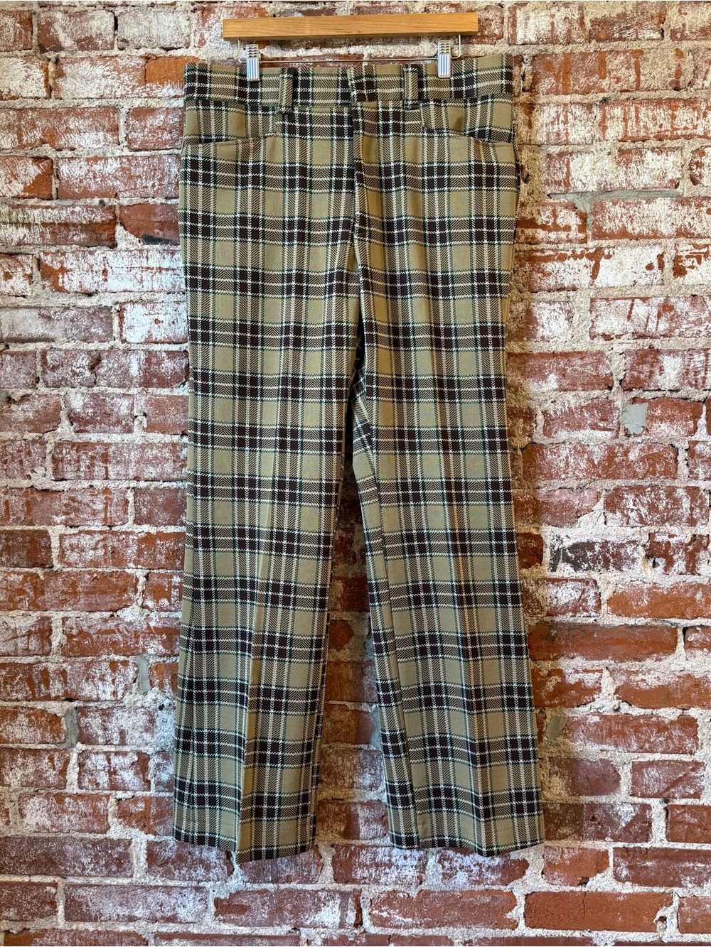 Men’s Vintage Levi’s Panatela Pants 36x33 Flare Brown Tan Green Used Plaid